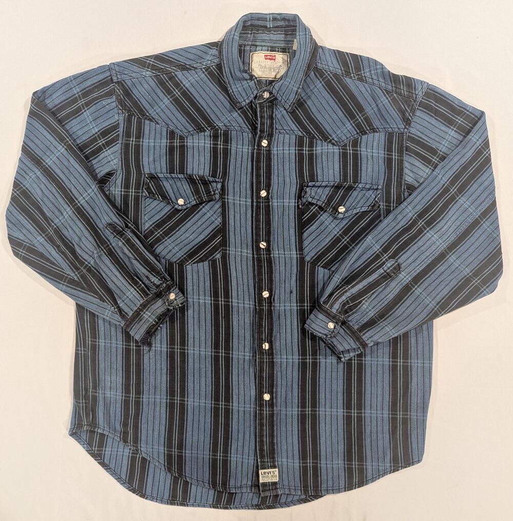 Levi's Shirt Mens L Blue Striped Long Sleeve Western Pearl Snap Heavy Twill